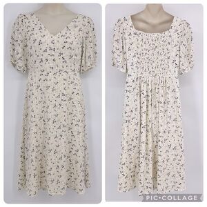 Old Navy NWT Puff-Sleeve Pintucked Smocked Midi Dress Ivory Floral Size L